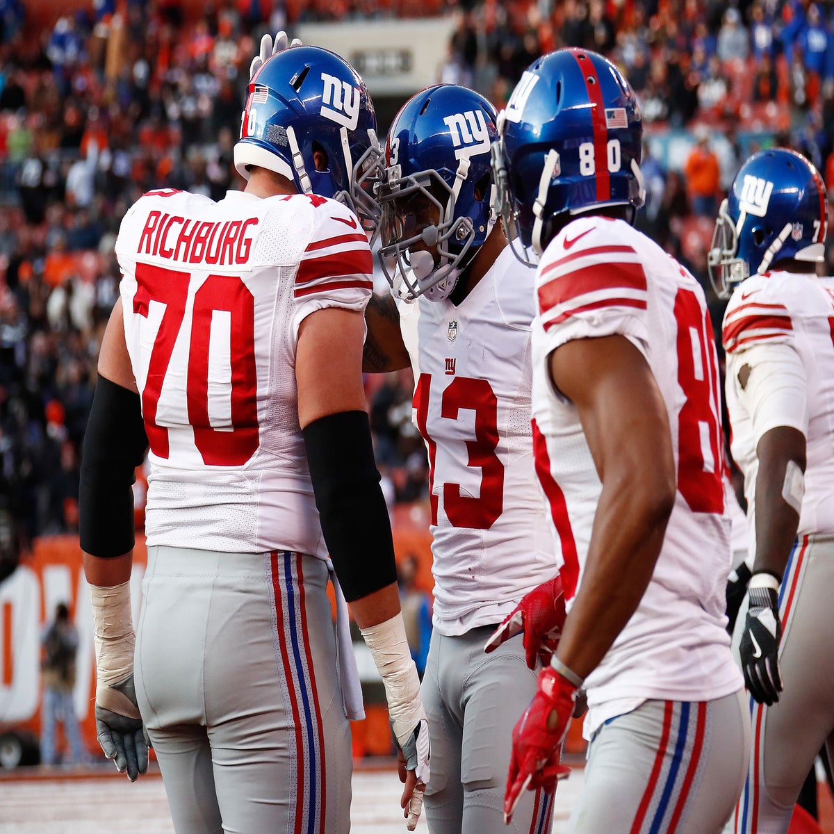 New York Giants Odell Beckham Jr. celebrates after scoring on 75 yard  touchdown catch in the 3rd quarter against the Baltimore Ravens in week 6  of the NFL at MetLife Stadium in