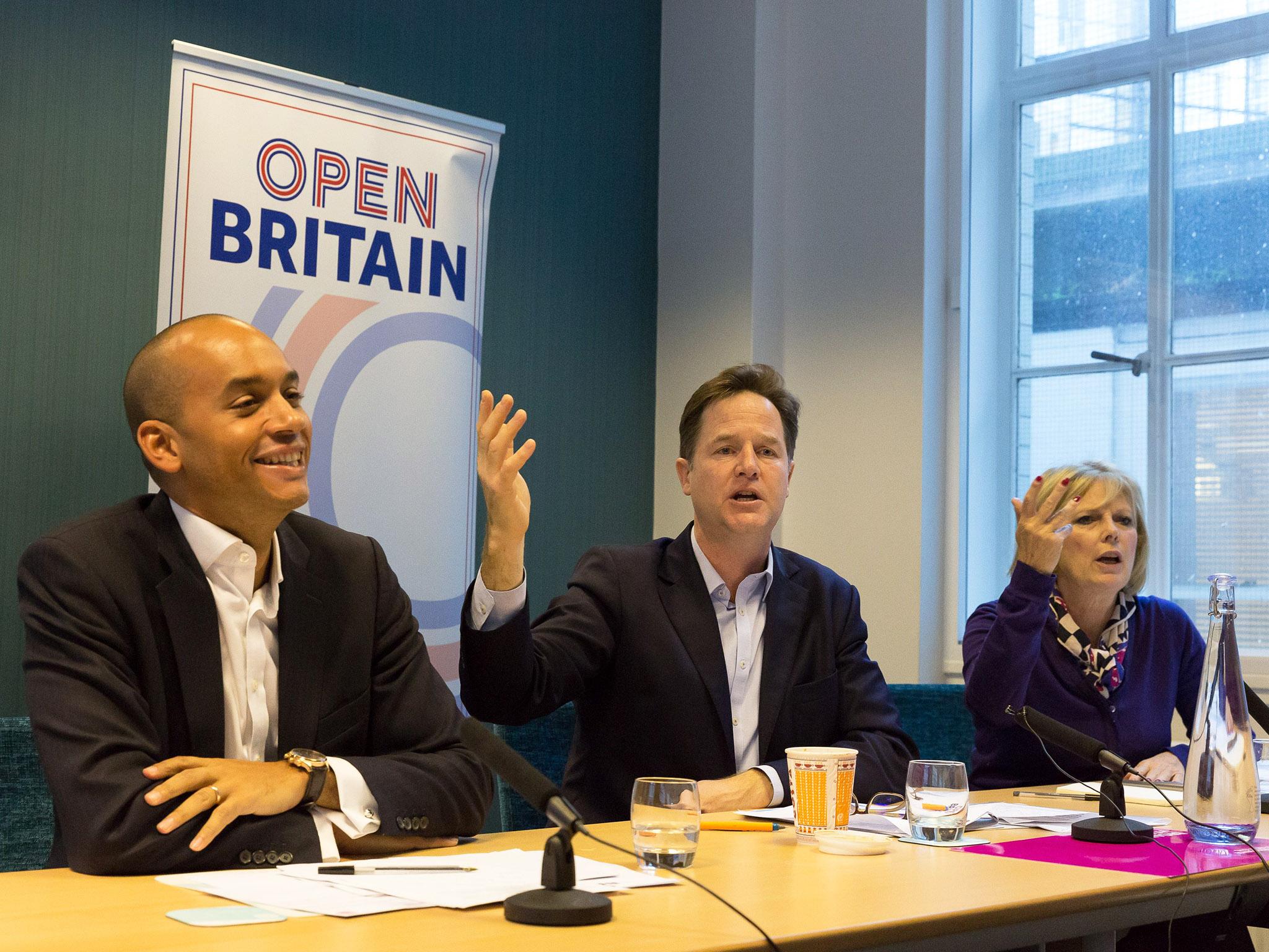 Chuka Umunna, Nick Clegg, and Anna Soubry at an Open Britain event in central London today