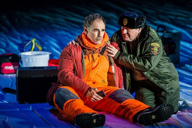 Mark Rylance as Ron (left) who joins a friend on a fishing trip and Bob Davis (right) as an officious DNR man in a scene from 'Nice Fish'