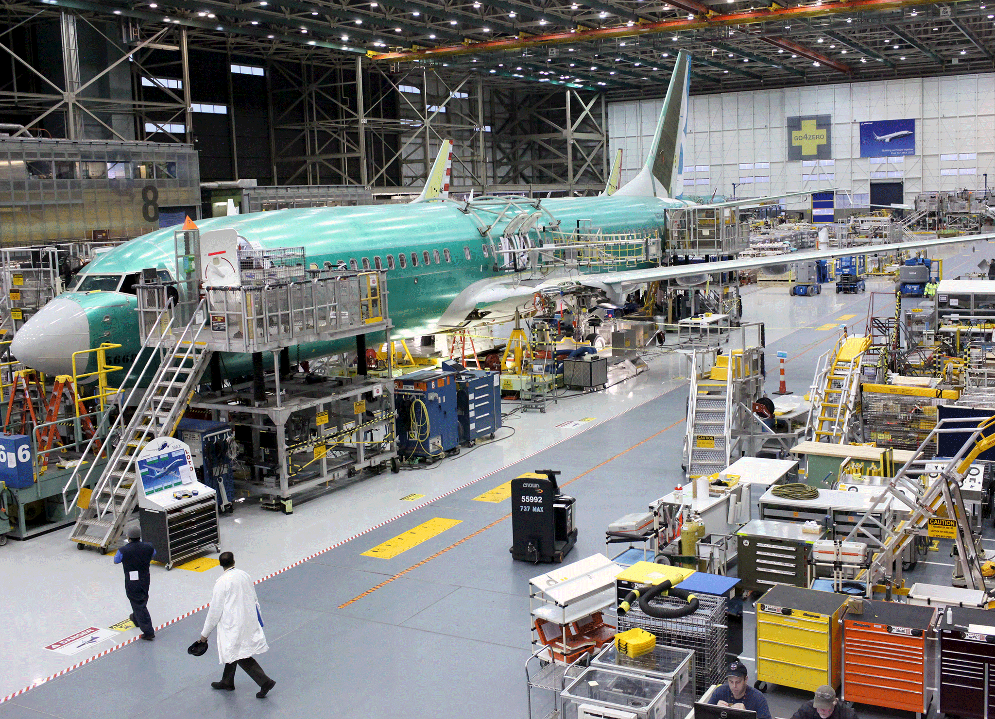 A Boeing 737 MAX plane is seen during a media tour of the Boeing plant in Renton, Washington