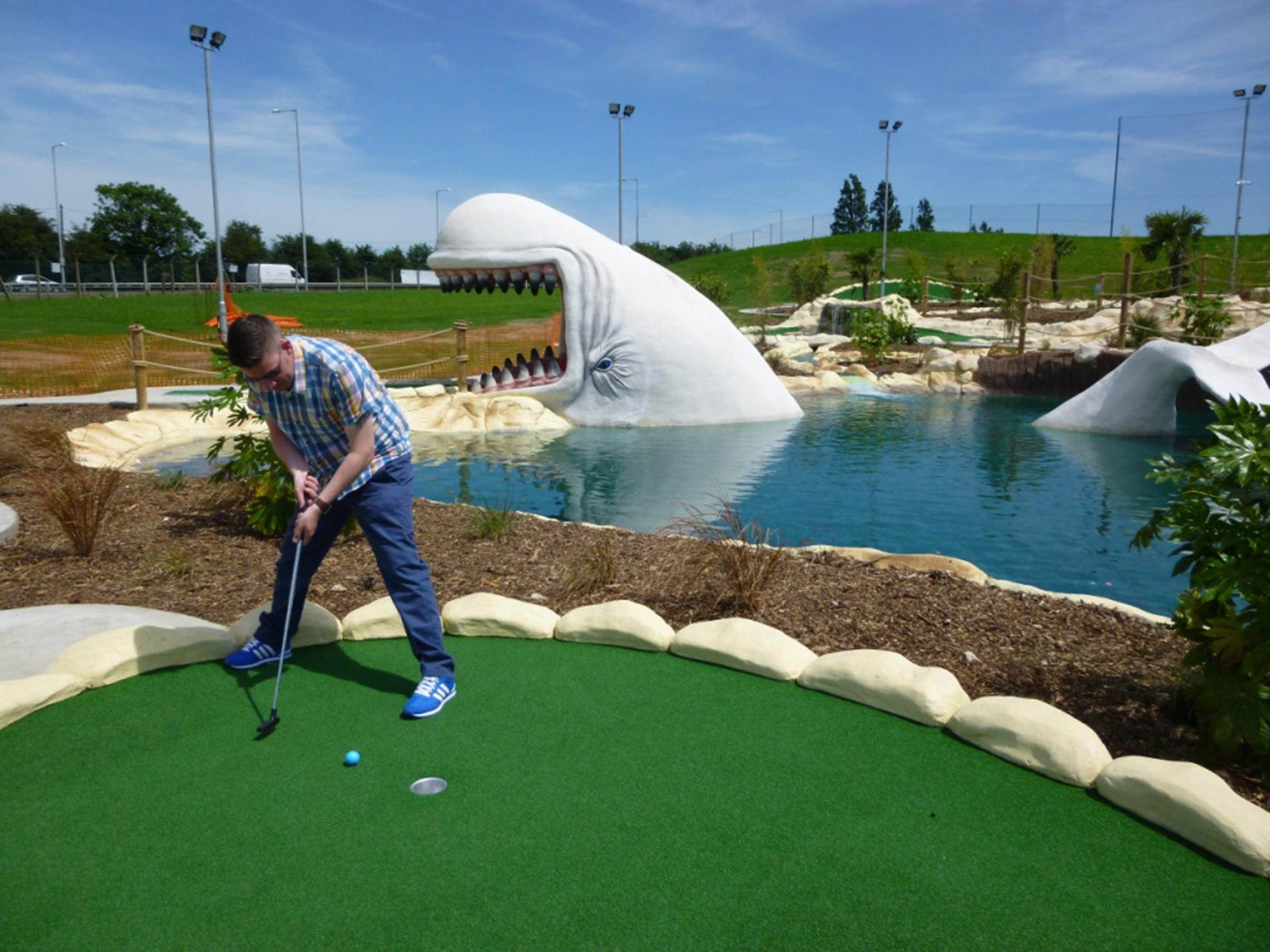 Mini-golf champion Richard Gottfried plays the Moby Adventure Golf course in Romford