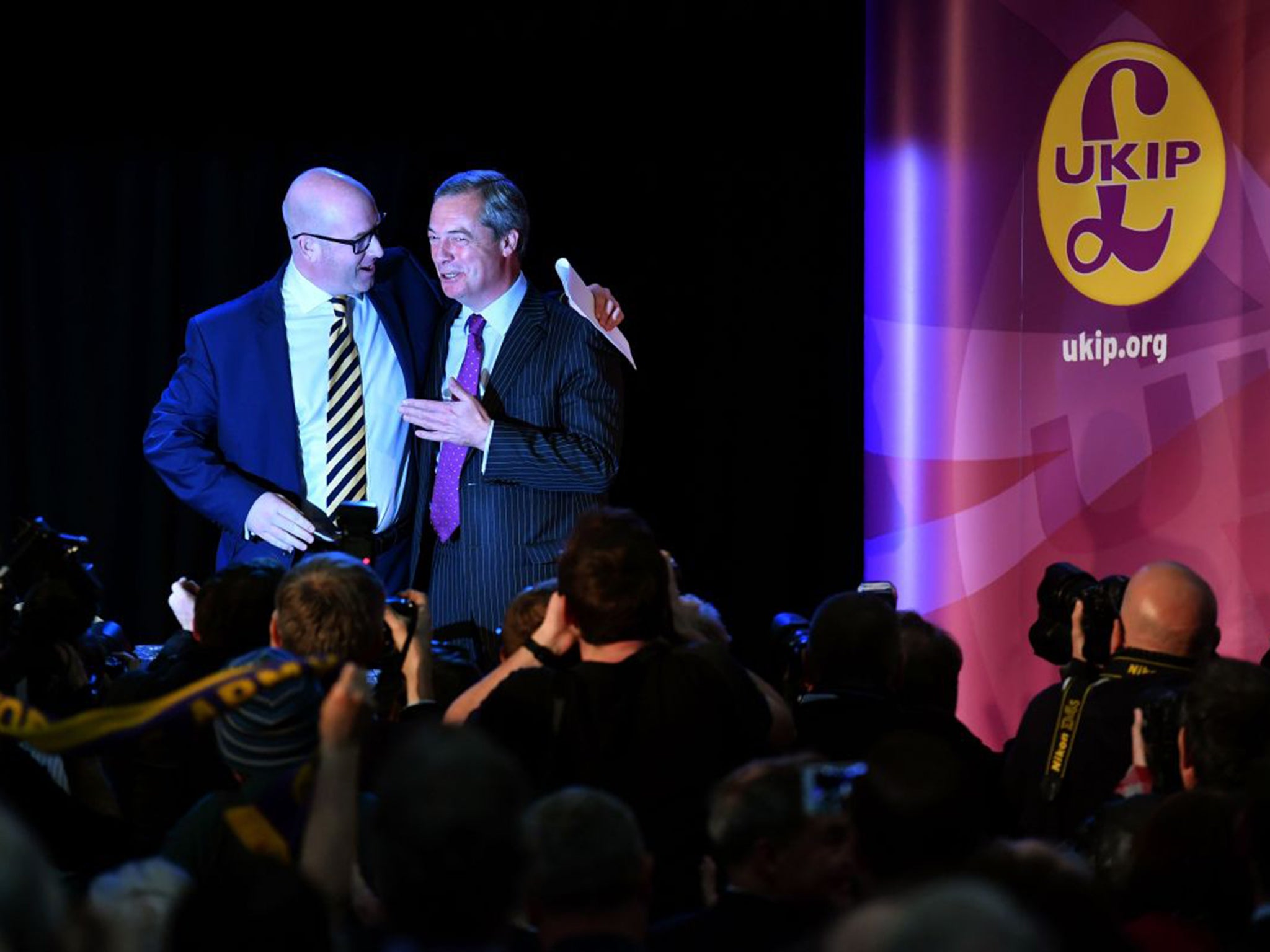 Paul Nuttall and Nigel Farage on stage after the leadership election announcement yesterday