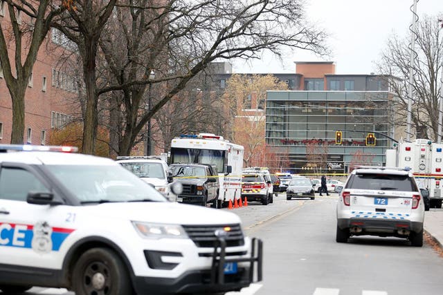 Armed police around Watts Hall following an attack on the campus of Ohio State University yesterday