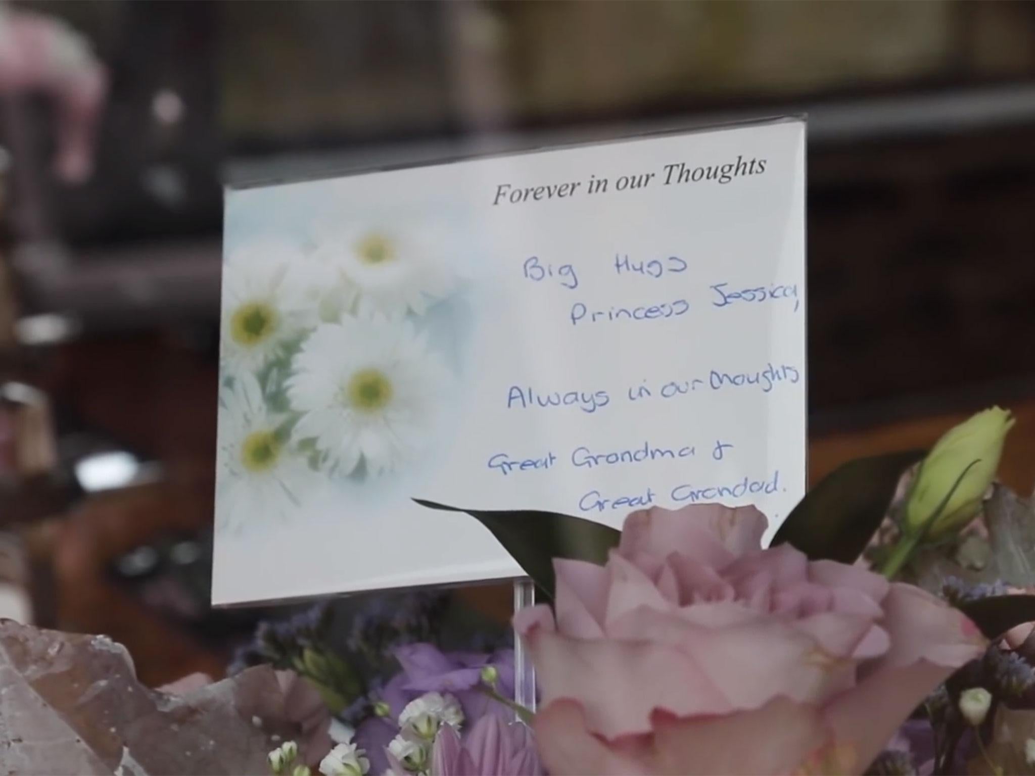 A note from Jessica's family left on her funeral flowers