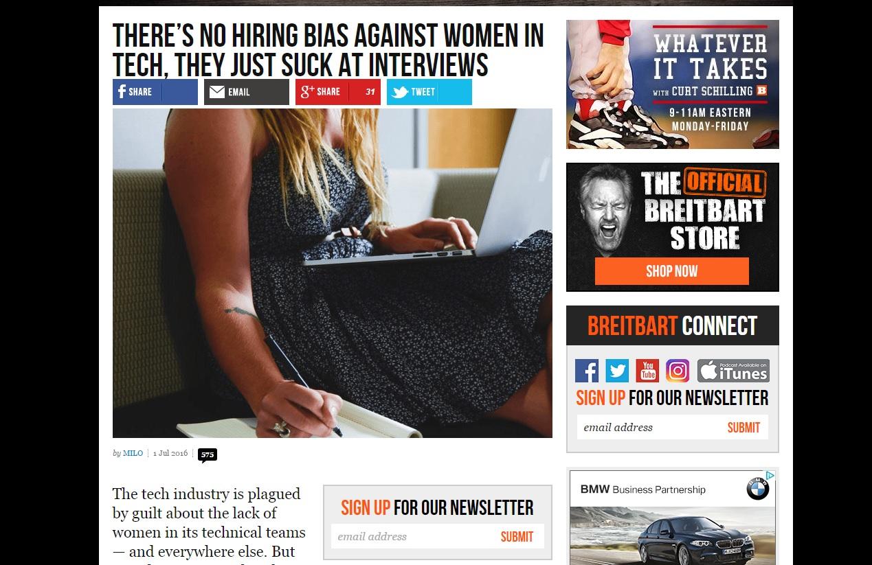 Breitbart's reporting, although defended as satire, has been branded misogynistic and racist