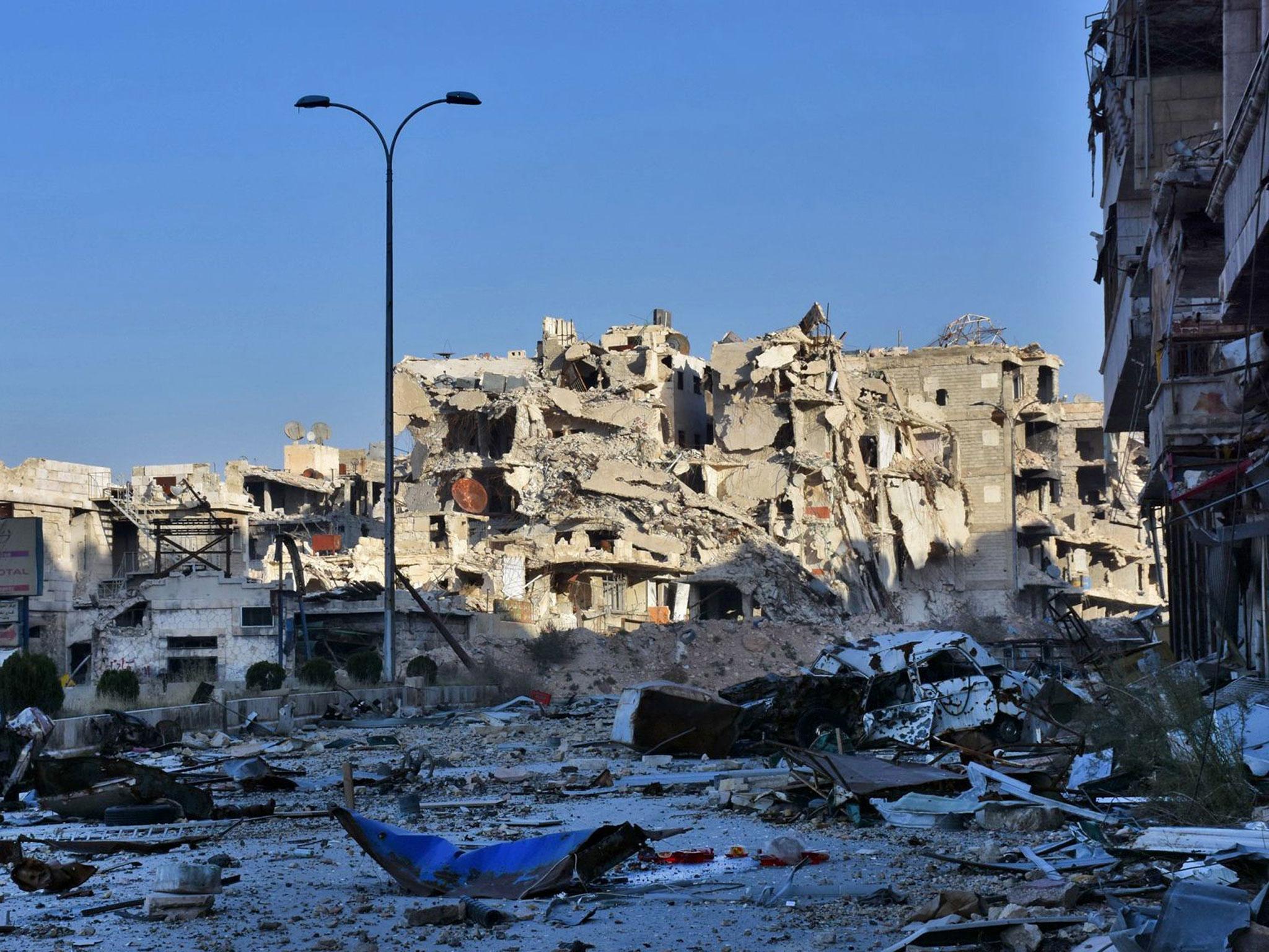 Heavily destroyed buildings in Aleppo's Bustan al-Basha neighbourhood