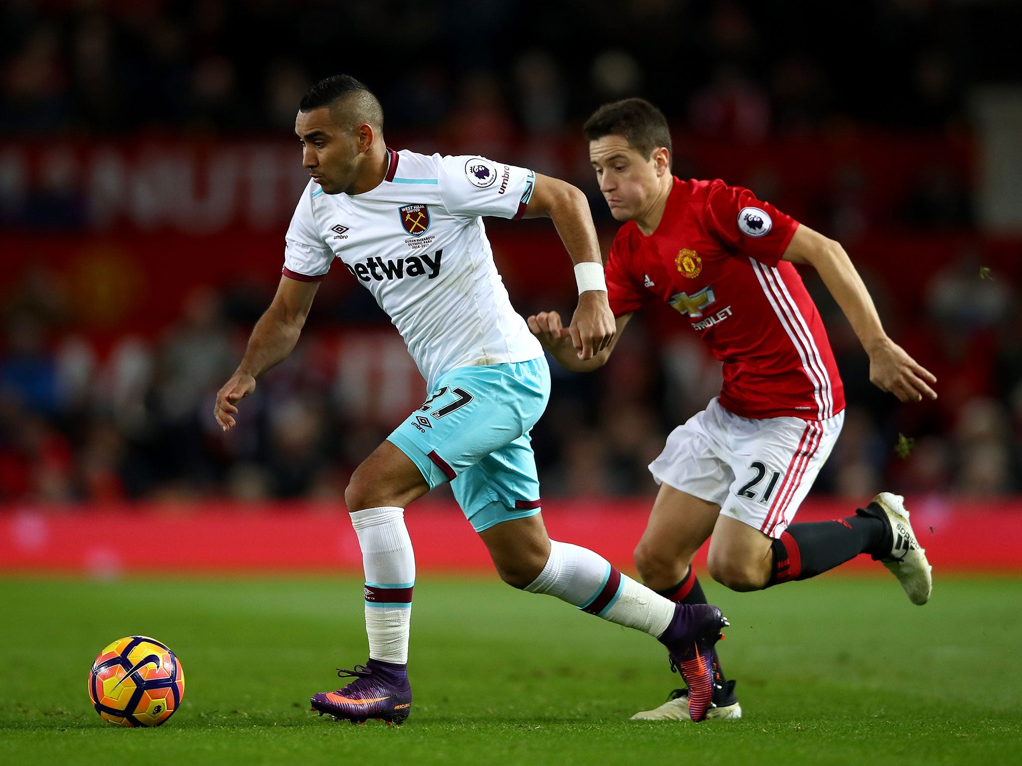 Dimitri Payet looks to get away from Ander Herrera during last Sunday's clash between United and West Ham at Old Trafford