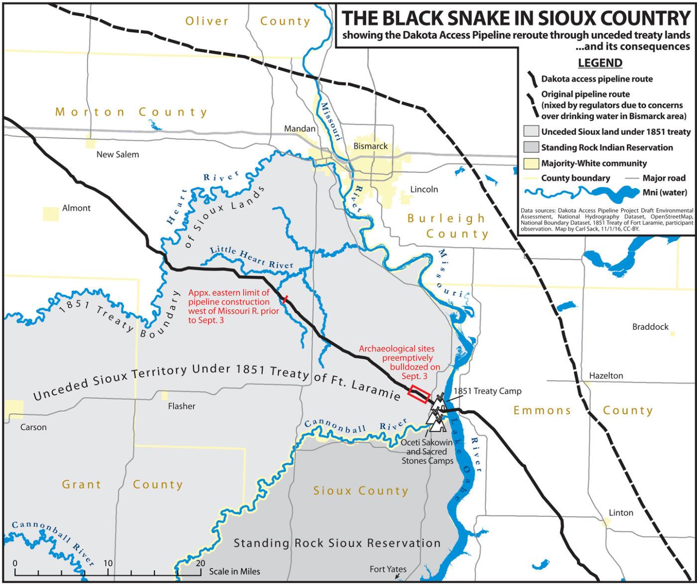 Mr Sack's map shows the threat to the Sioux tribe's water source