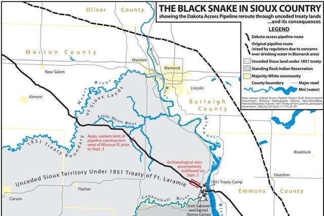 Mr Sack's map shows the threat to the Sioux tribe's water source