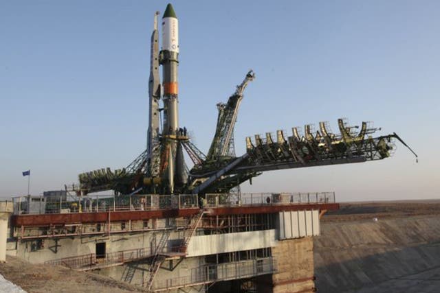 The Soyuz rocket carrying the Progress capsule, sitting on the launch pad before taken in Baiknour, Kazakstan
