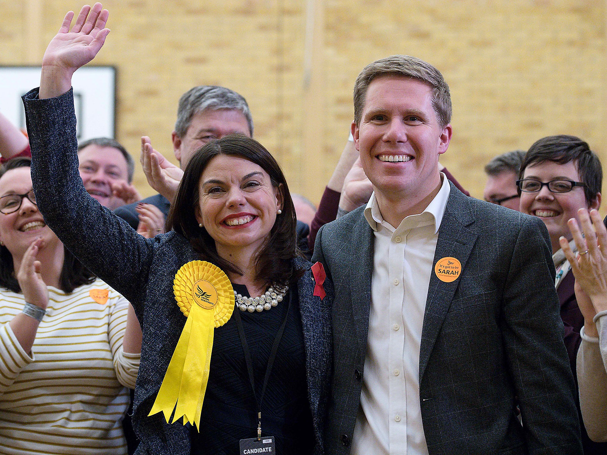 Newly elected Liberal Democrat MP Sarah Olney celebrates her win on Friday. She has said she will vote against the triggering of Article 50