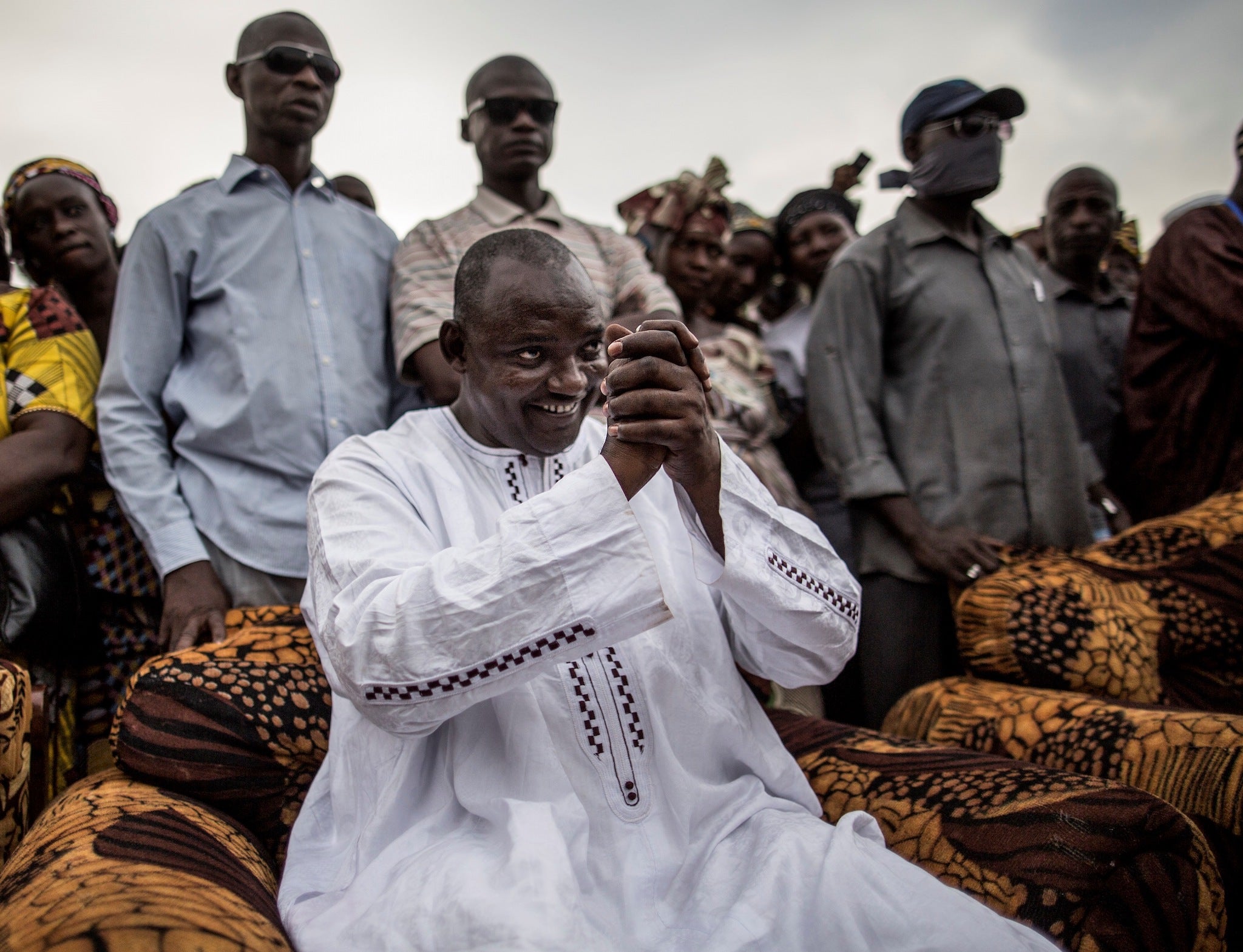 Opposition candidate Adama Barrow greets supporters on the last day of campaigning for the Gambian presidential elections, 29 November 2016