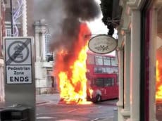 Double decker bus bursts into flames in the middle of a town centre