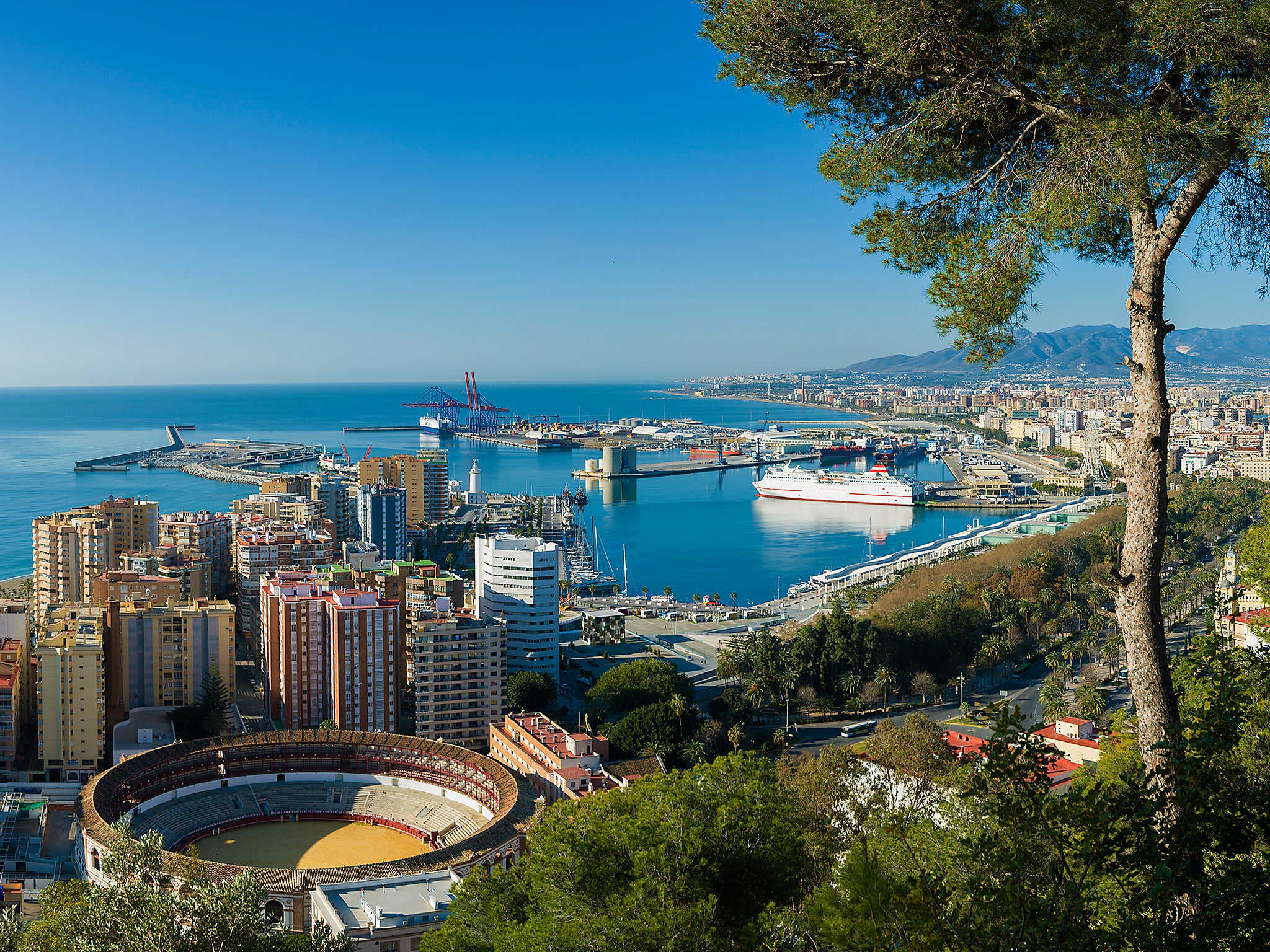 An aerial view of the city and harbour of Malaga in Andalucia, Spain
