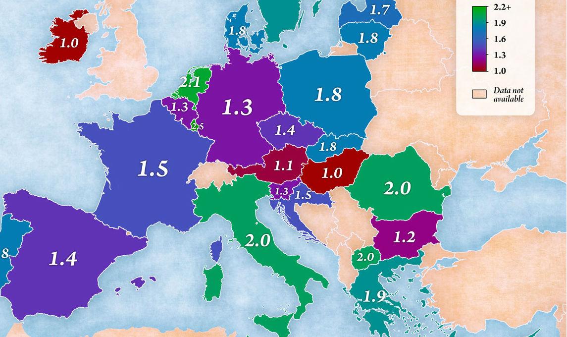 A map showing how many foreign languages children study at school in