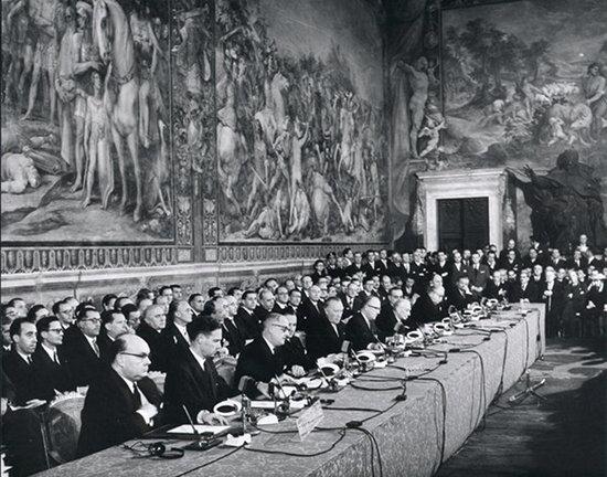 The signing of the Treaty of Rome at the Palazzo dei Conservatori on the Capitoline Hill, 1957