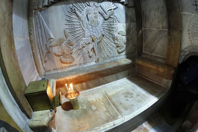 The tomb where Jesus's body is believed to have been laid, inside the Edicule in the Church of the Holy Sepulchre, Jerusalem