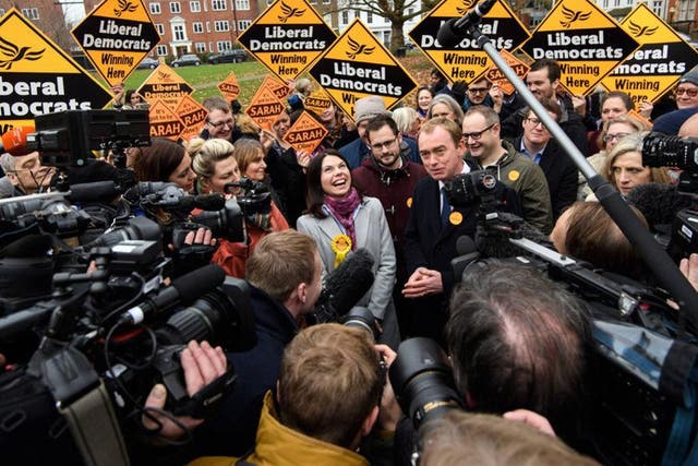 Sarah Olney and Tim Farron after the Liberal Democrat win in Richmond Park: Getty