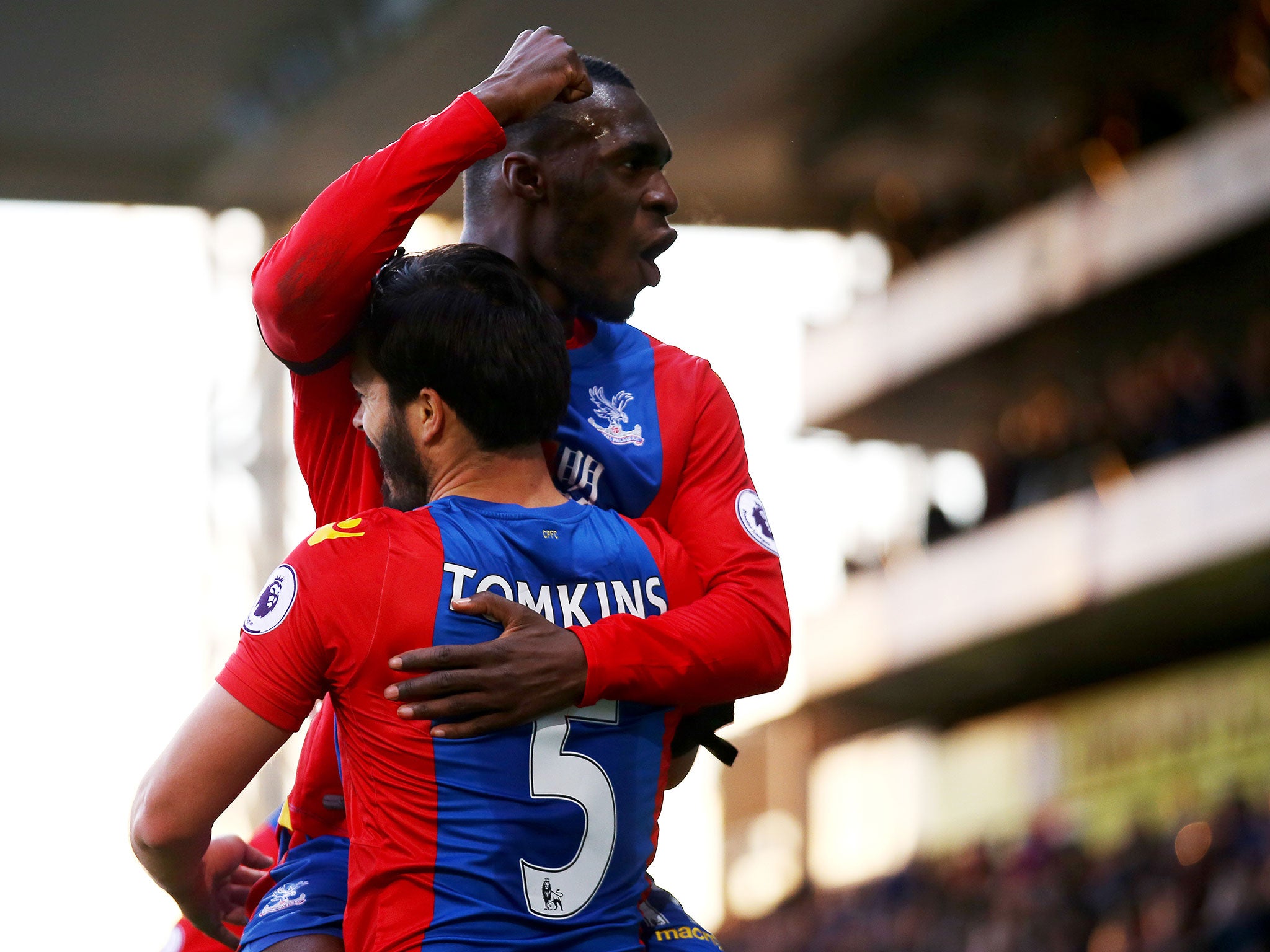 James Tomkins celebrates scoring his side's second with Christian Benteke