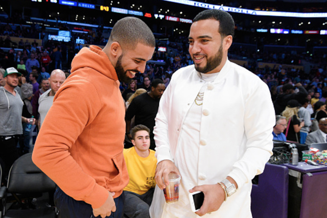 Drake (L) and French Montana attend a basketball game between the Golden State Warriors and the Los Angeles Lakers at Staples Center on November 4, 2016 in Los Angeles, California.