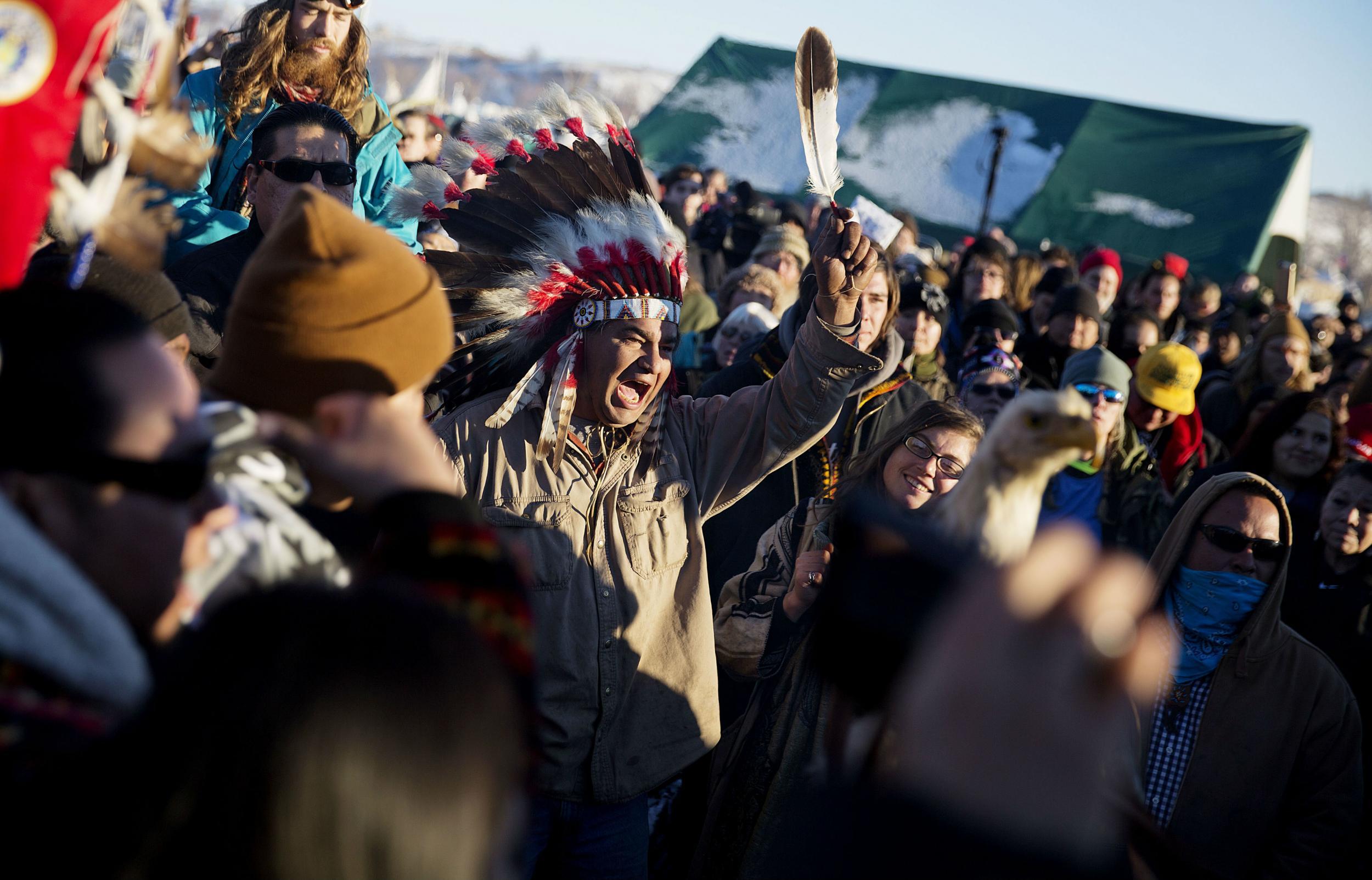 Activists celebrated at the Oceti Sakowin camp after it was announced that that permission had been denied
