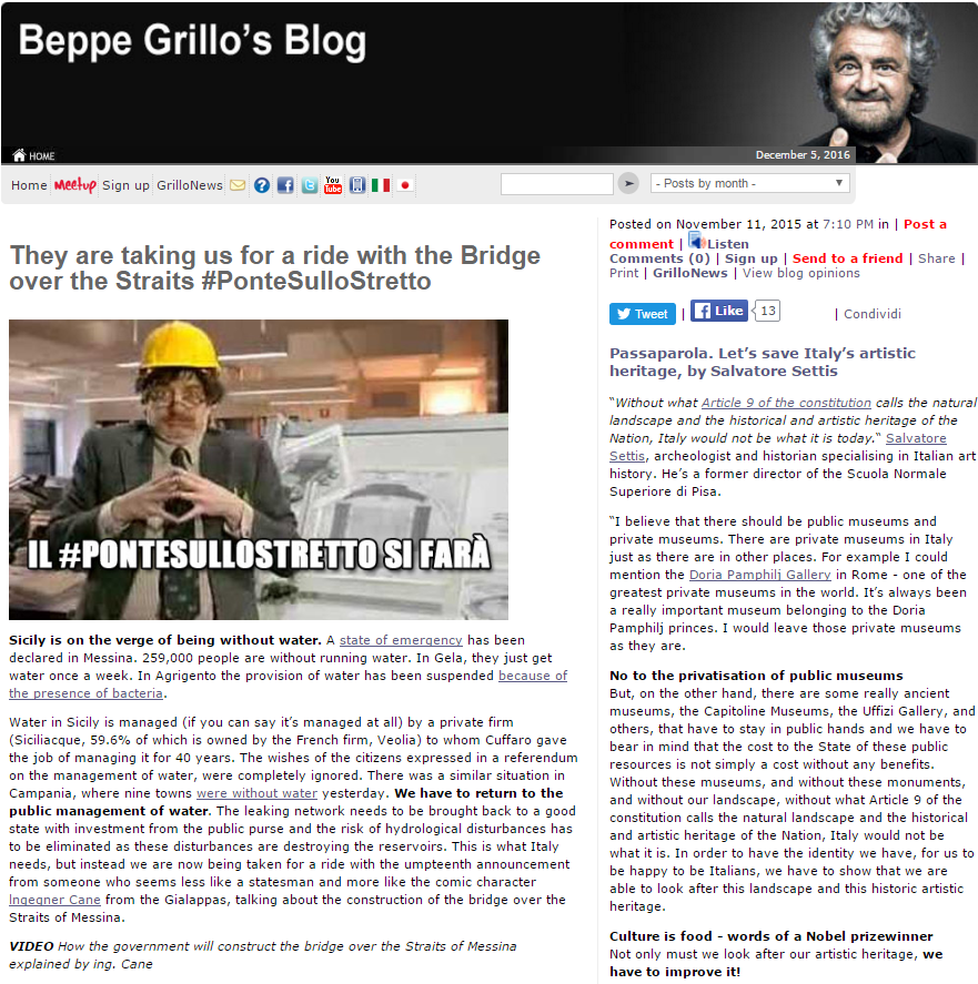 Mr Grillo's blog, which is updated daily, is said to be among the 10 most visited in the world