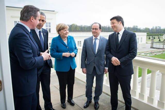 German Chancellor Angela Merkel greets leaders at the G5 summit in Hanover in April this year