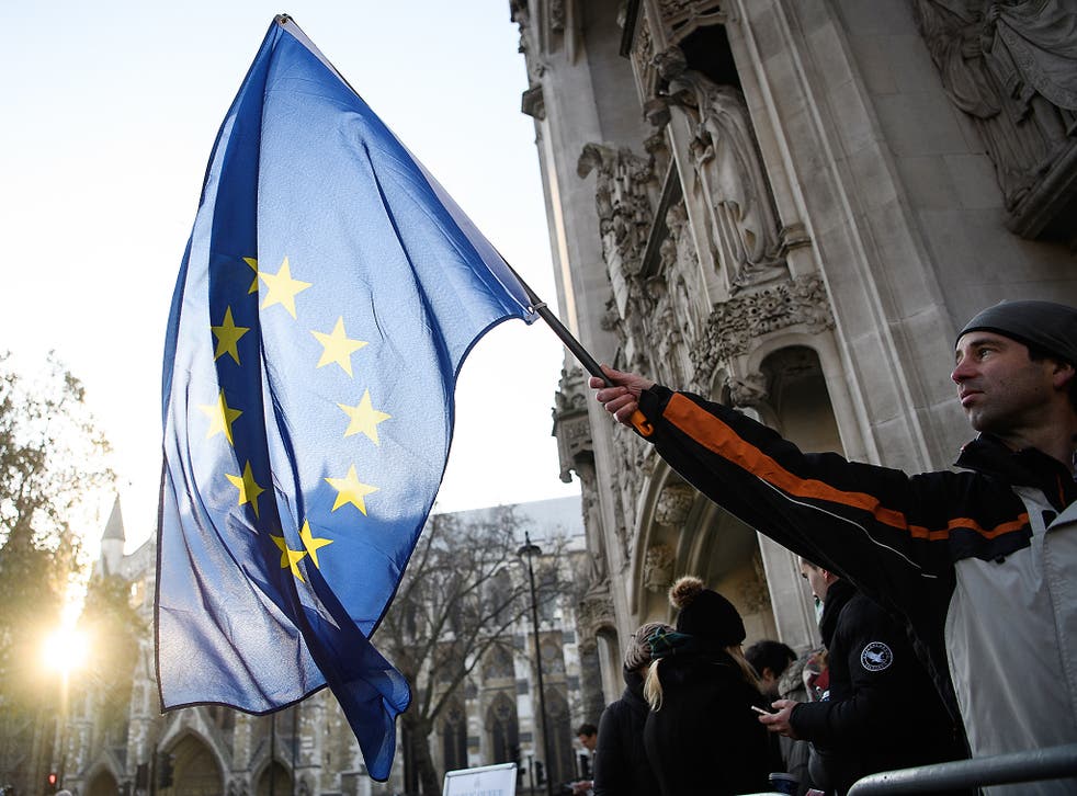 A pro-EU protester in London outside the Supreme Court during the Brexit hearing