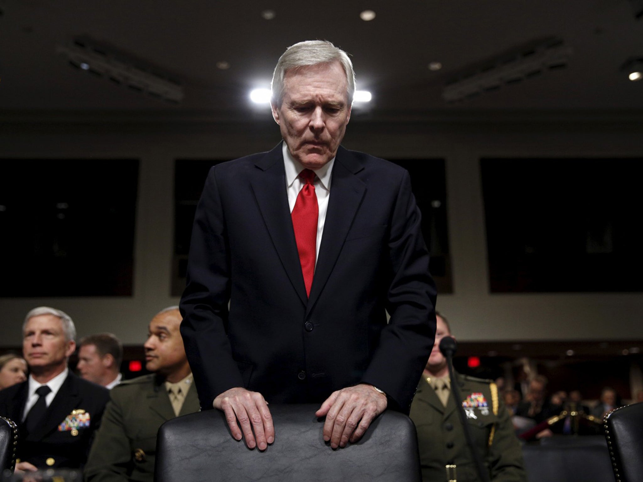 Navy Secretary Ray Mabus takes his seat to testify to the Senate Armed Services Committee in February 2016