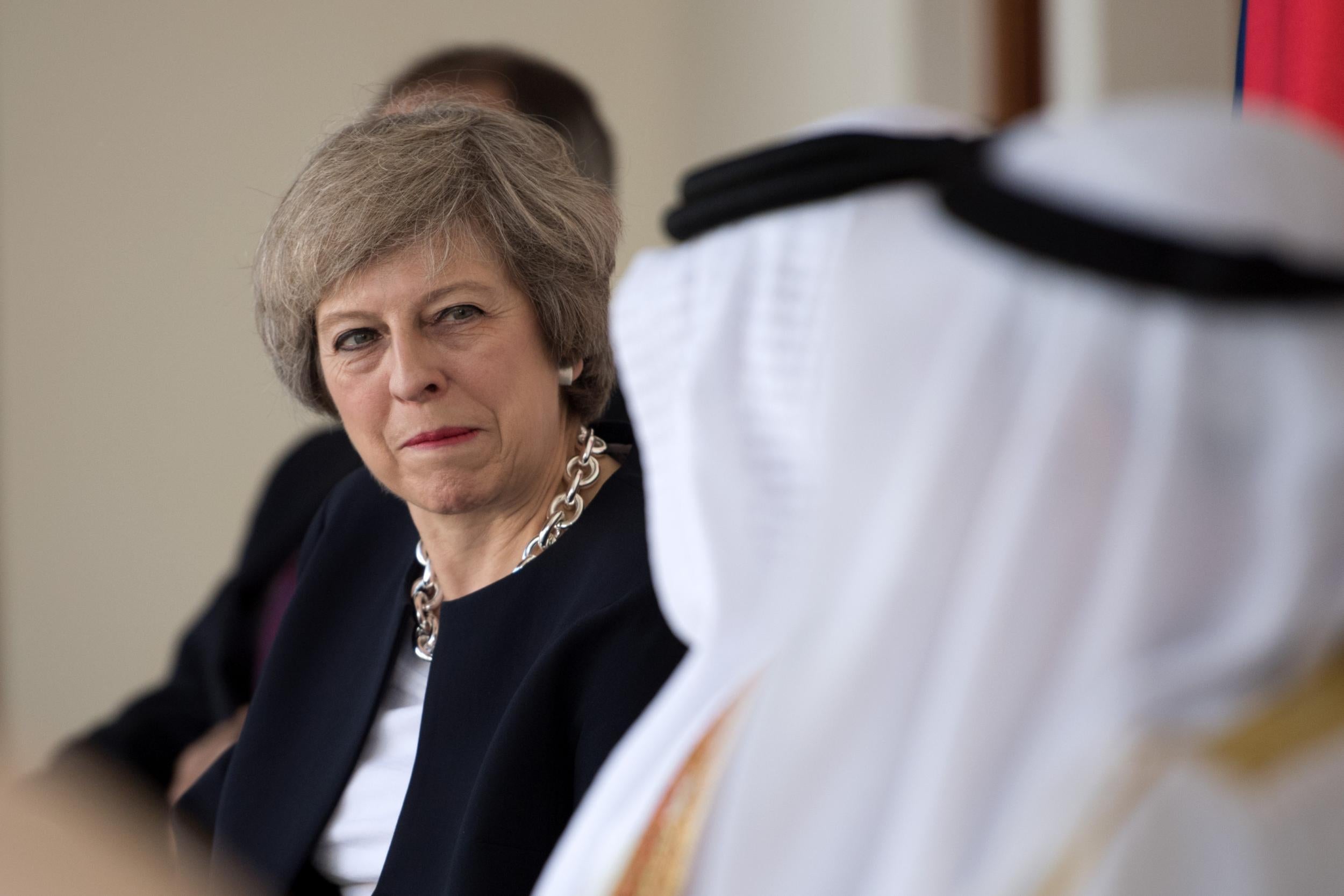 Theresa May is greeted by Prince Salman bin Hamad bin Isa Al Khalifa, the Crown Prince of Bahrain