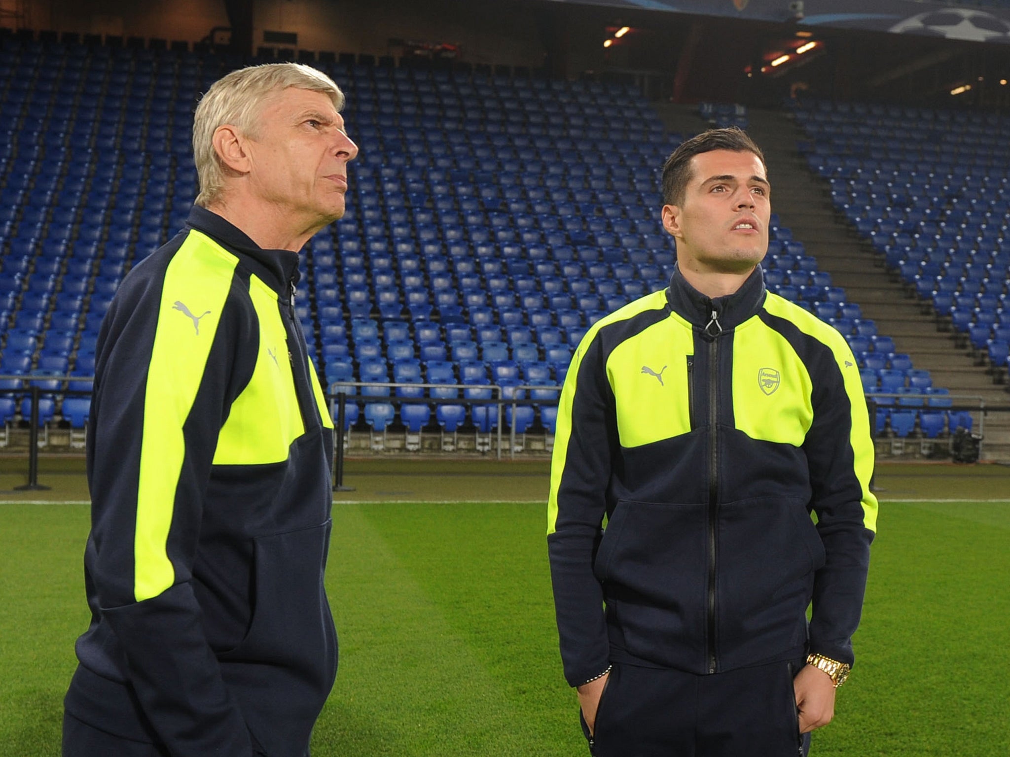 Wenger and Xhaka on the pitch at St Jakob-Park