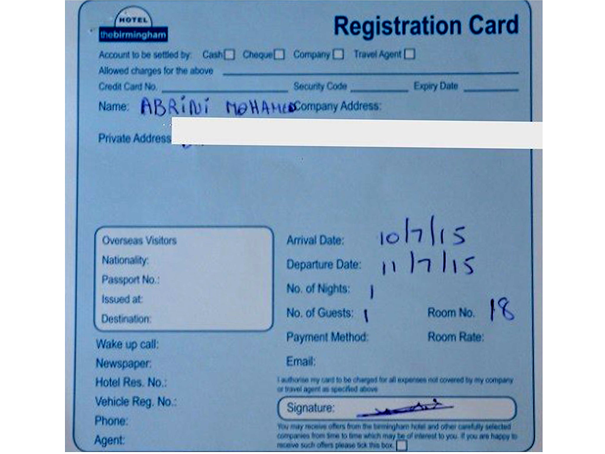 A registration document linked to Mohamed Abrini when checking into the hotel in Birmingham PA wire