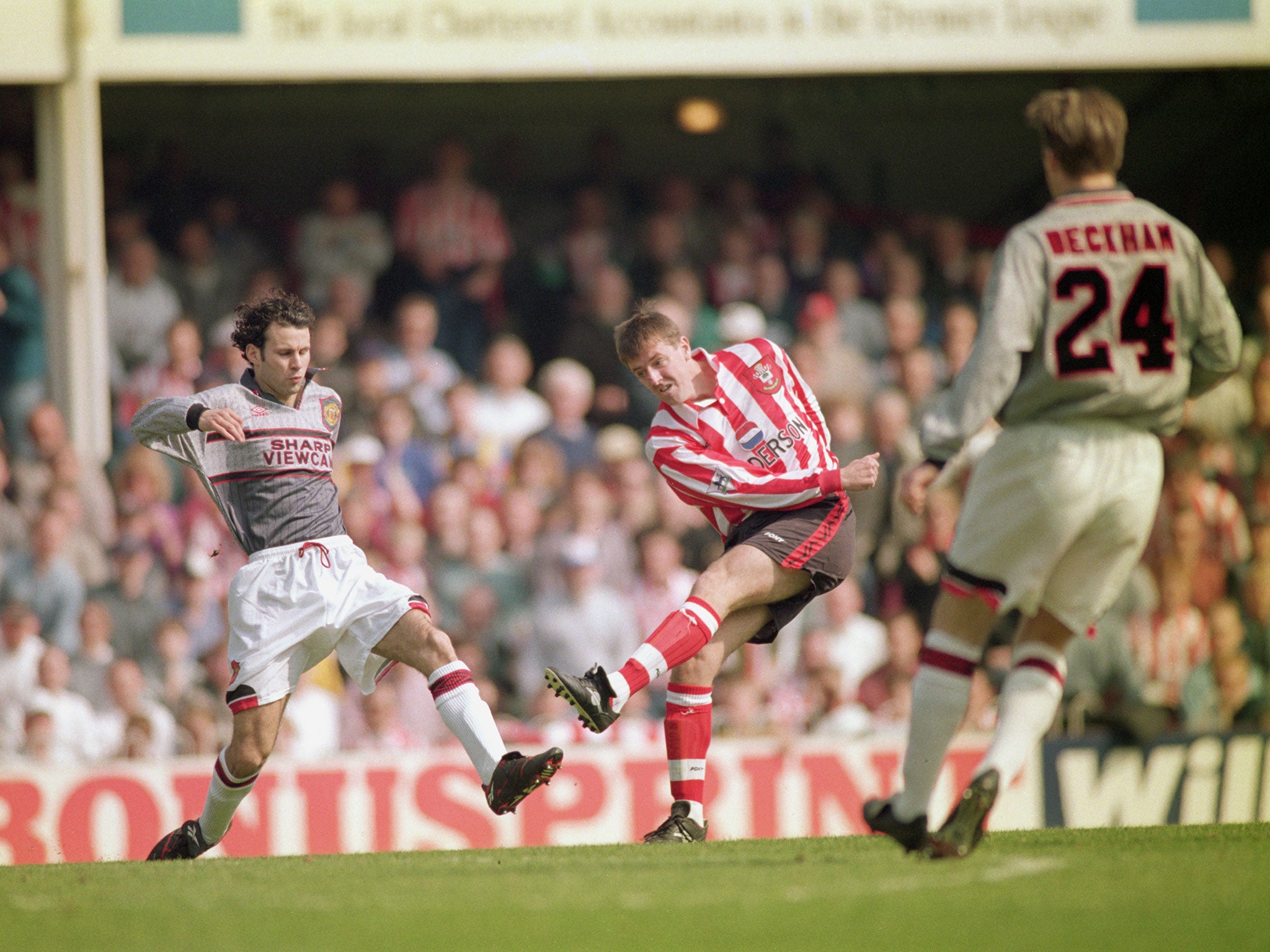 Le Tissier in action for Southampton against Manchester United during a Premiership match between the two sides in 1996