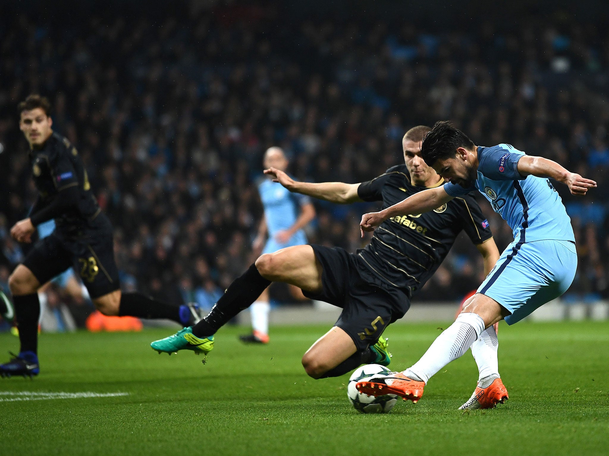 Nolito takes a shot on during the first half at the Etihad Stadium