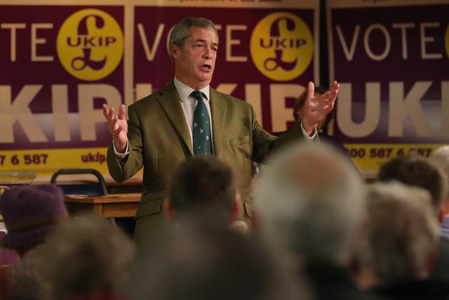 Former UKIP leader Nigel Farage addresses a public meeting at Sleaford Legionaires Club ahead of the by-election