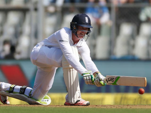 Keaton Jennings in action at the crease during the first day of the fourth Test