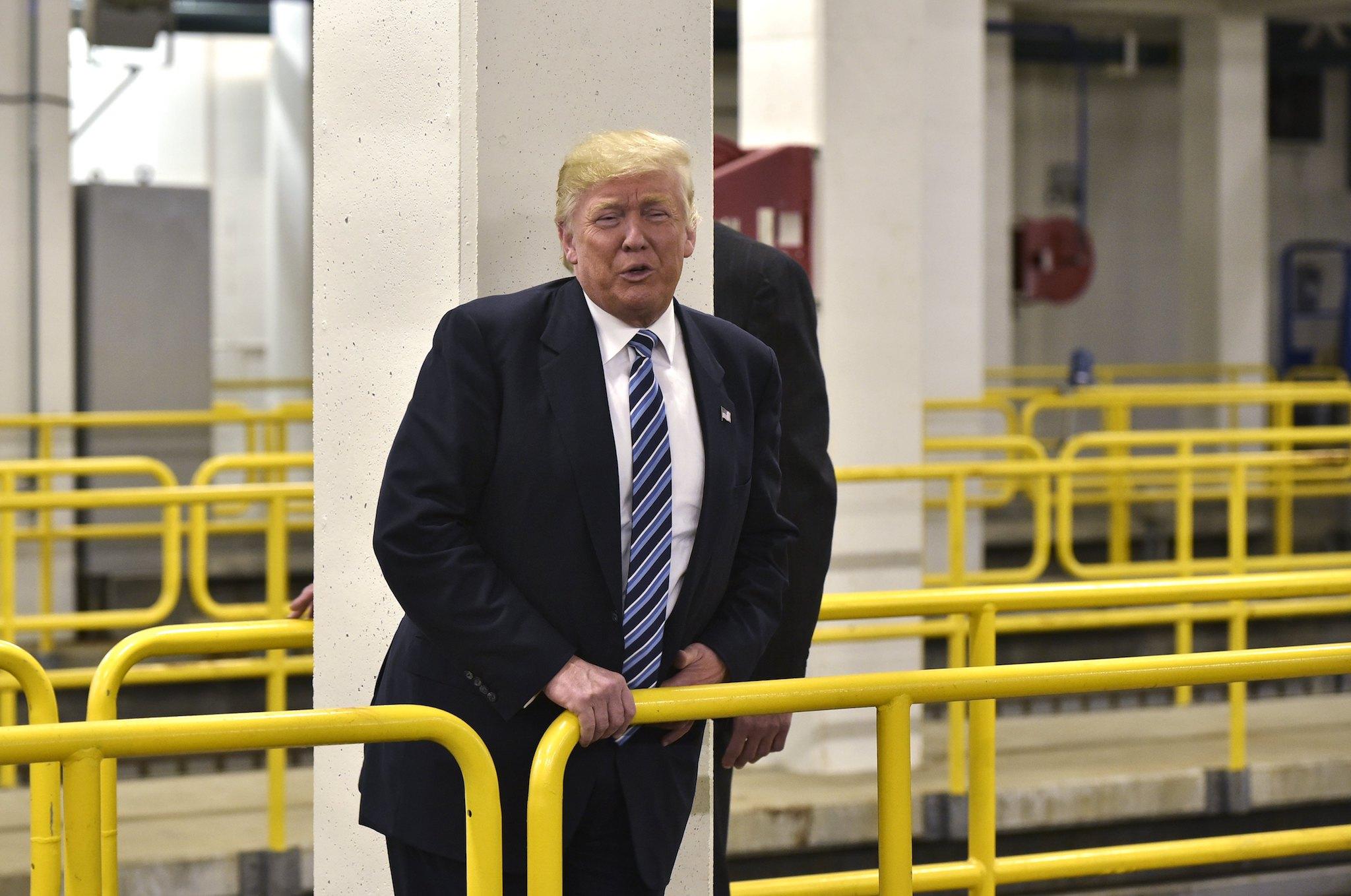 Republican presidential nominee Donald Trump tours the Flint water plant on September 14, 2016 in Flint, Michigan