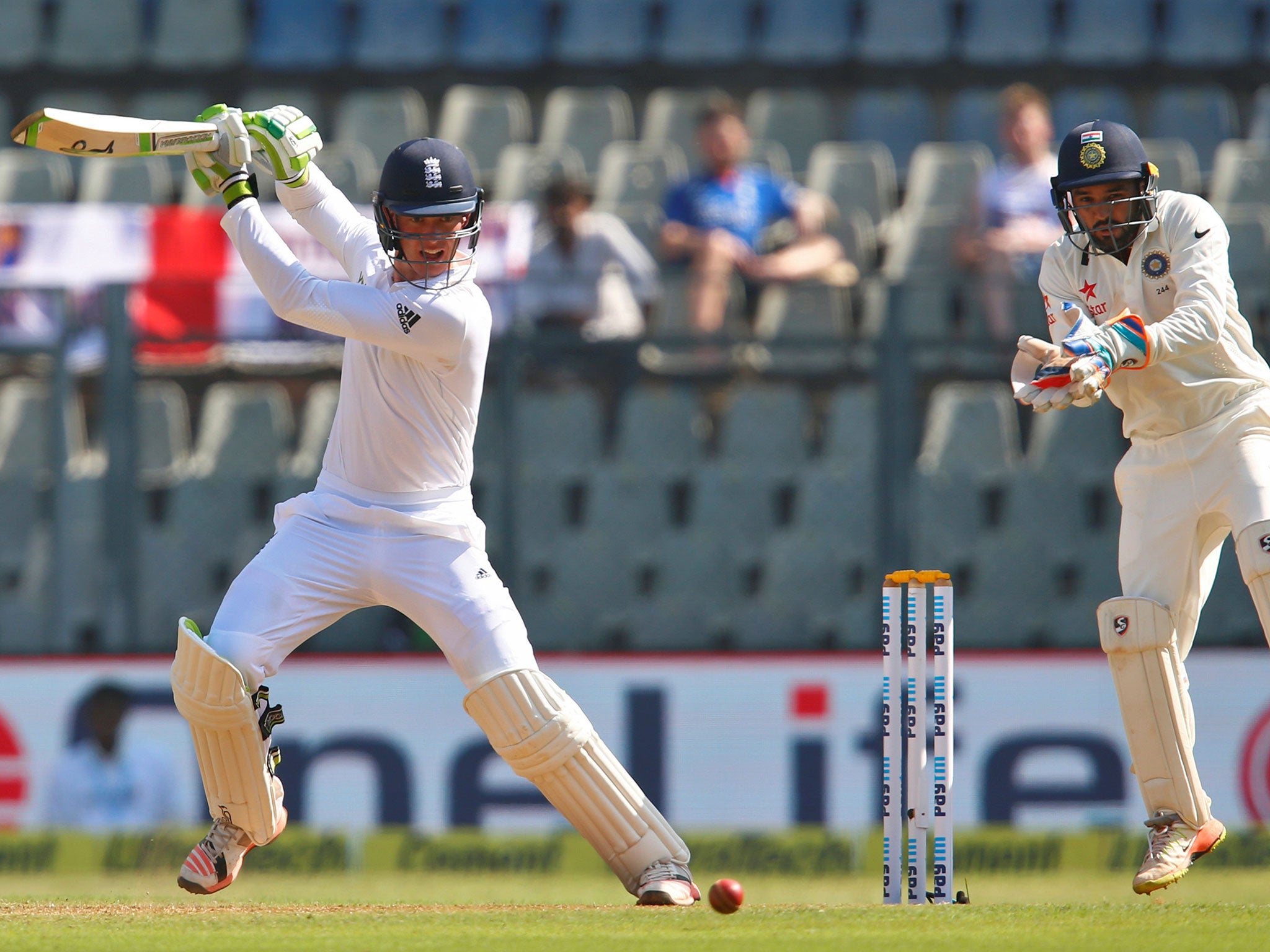 Jennings in action at the crease during the first day of the fourth Test