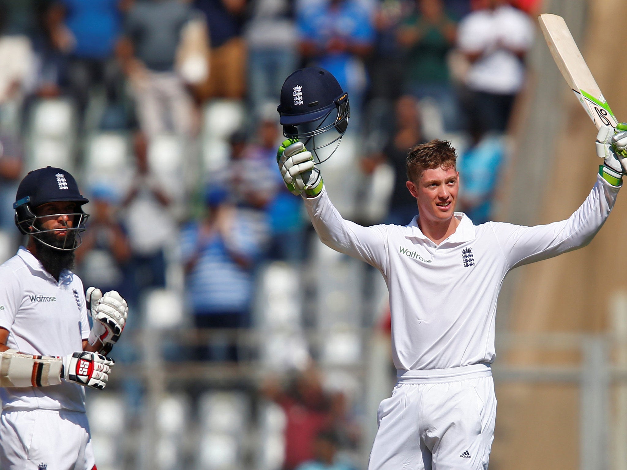 Keaton Jennings acknowledges the crowds after reaching his ton