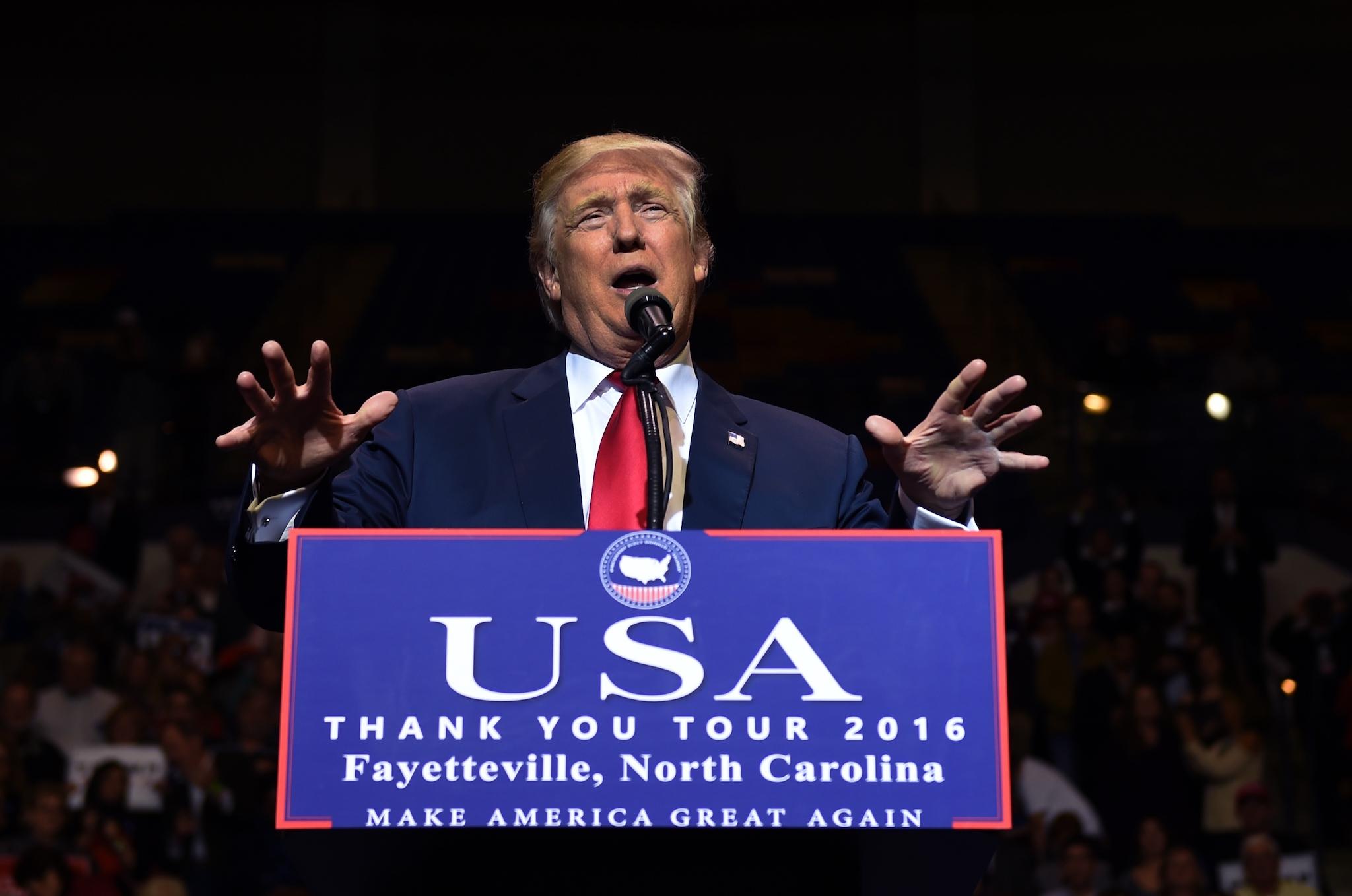 US President-elect Donald Trump speaks at the Crown Coliseum in Fayetteville, North Carolina on December 6, 2016 during his USA Thank You Tour