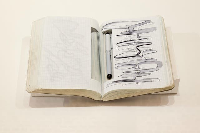 One of Zara Hadid’s notebooks, exhibited at the Serpentine Gallery in Zara Hadid: Early Paintings and Drawings