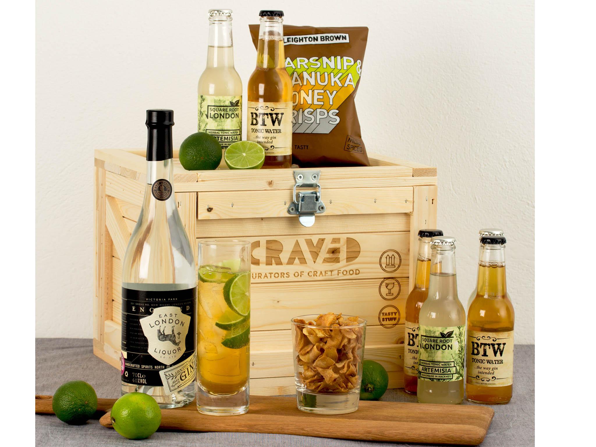 The gin and tonic kit includes a dry gin, tonic waters and snacks – from £39