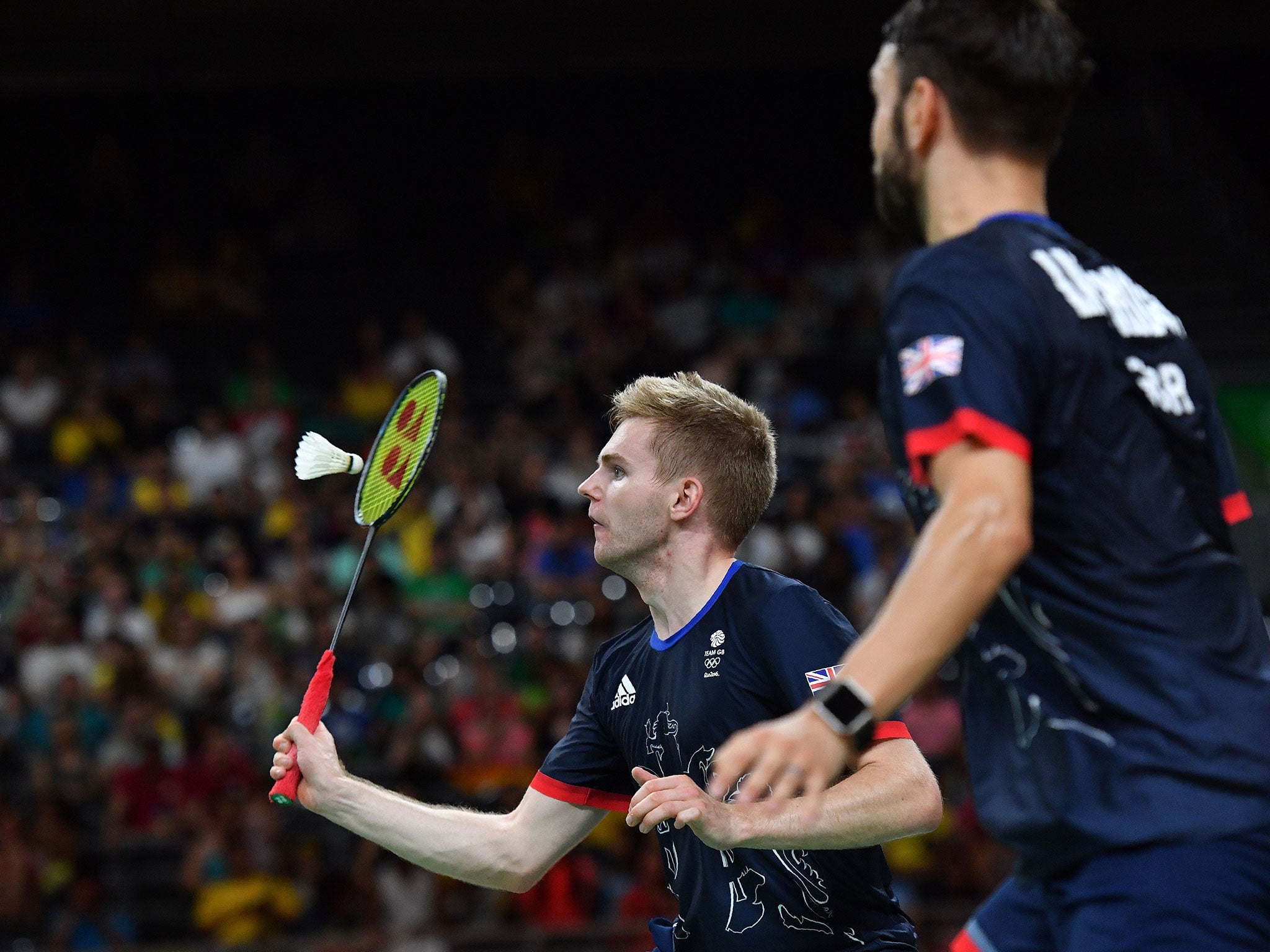Chris Langridge and Marcus Ellis in action at the Rio Olympics in the Men's Badminton Doubles