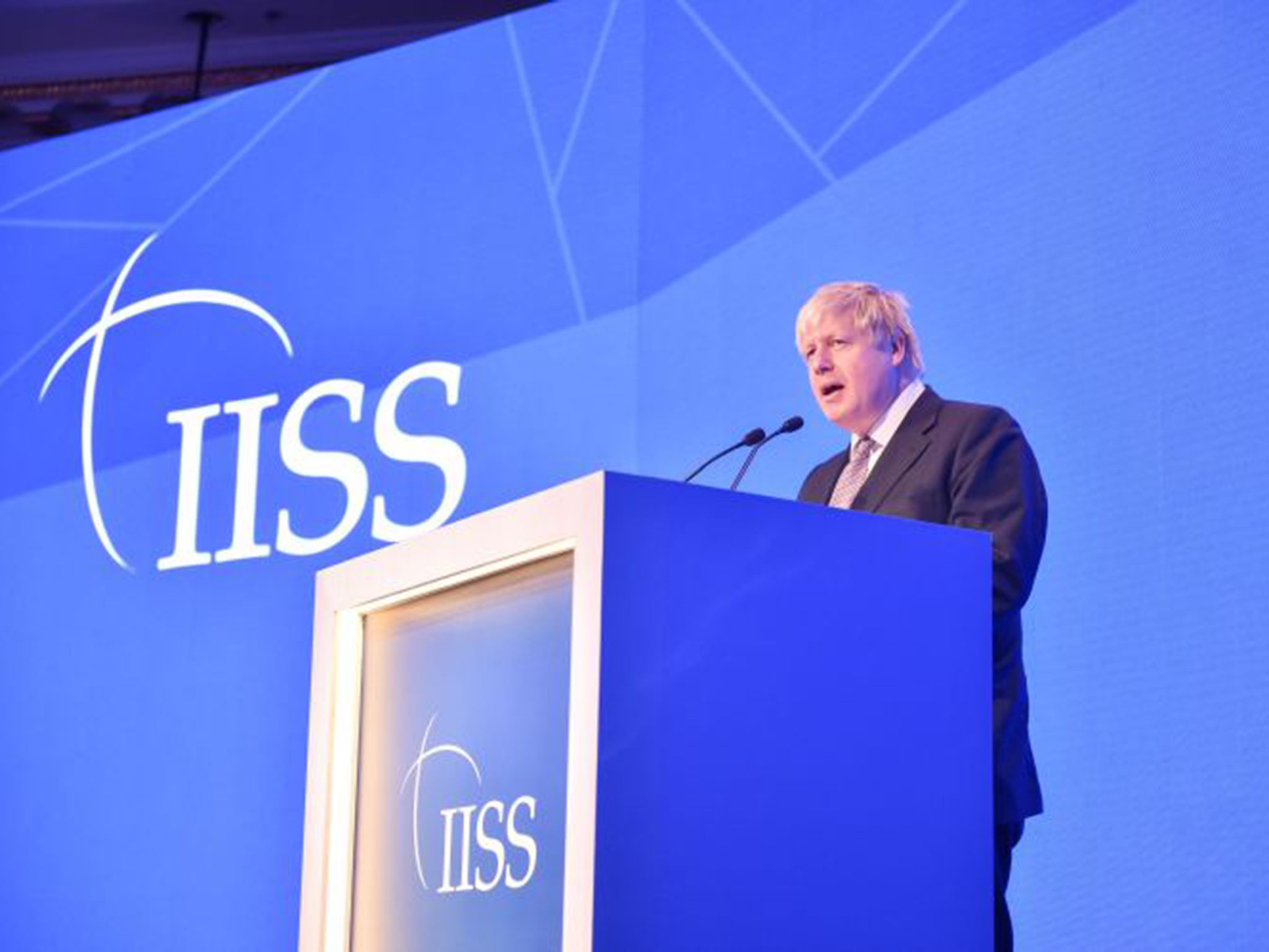 Boris Johnson speaking during the International Institute for Strategic Studies Manama Dialogue Summit in Bahrain