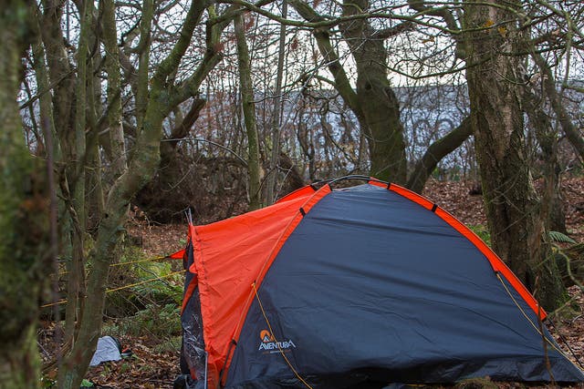 Tents pitched close to Amazon's fulfillment centre in Dunfermline, Fife, where employees report sleeping overnight so they can afford to make the journey to work