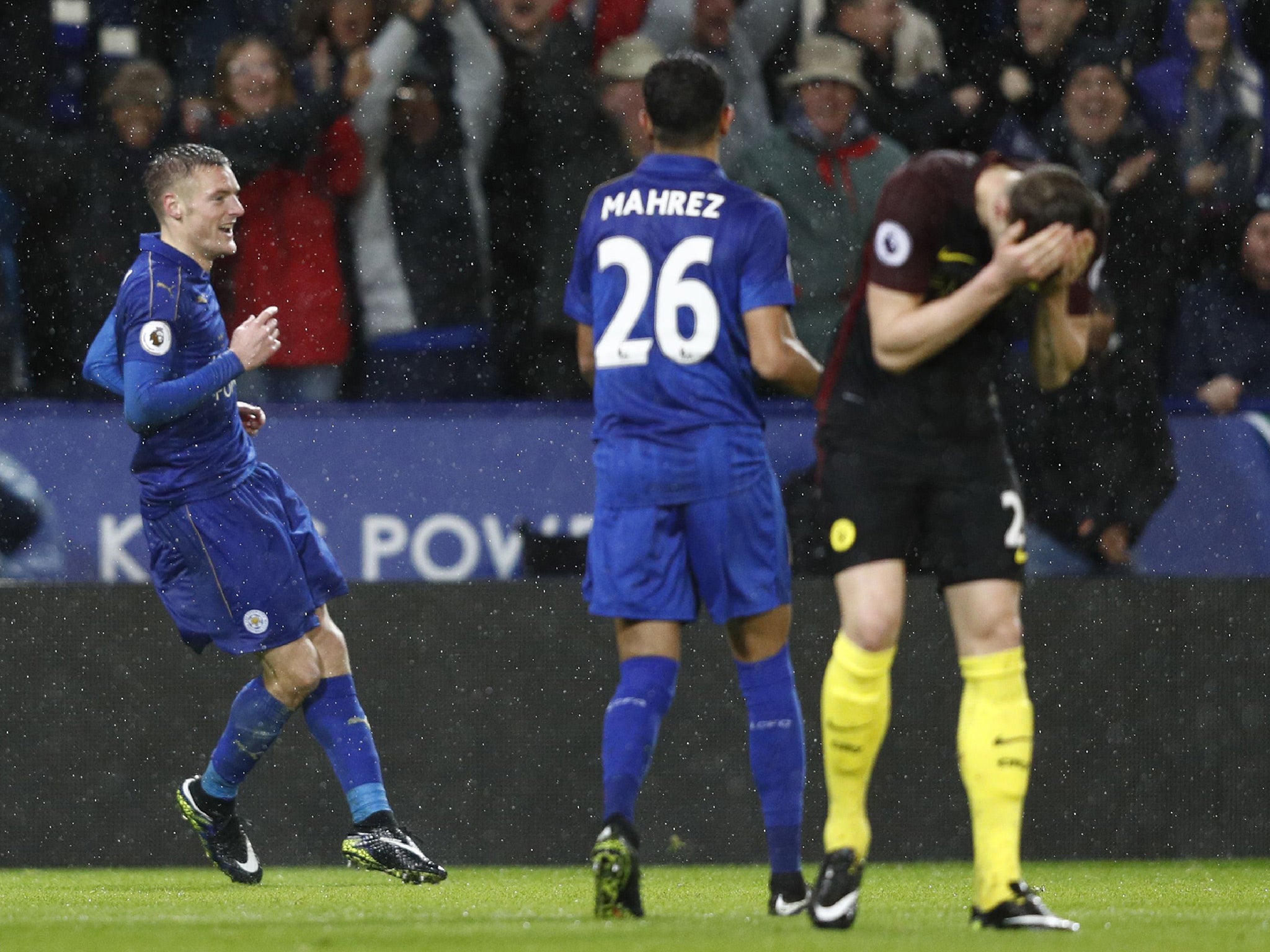 Stones hangs his head after Vardy notches his third