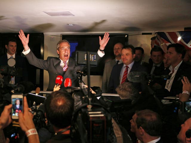 The former Ukip leader celebrates as results indicate that the Brexit vote has won in June