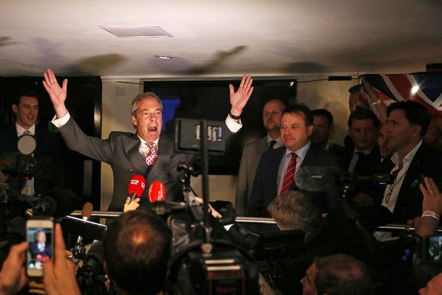 The former Ukip leader celebrates as results indicate that the Brexit vote has won in June