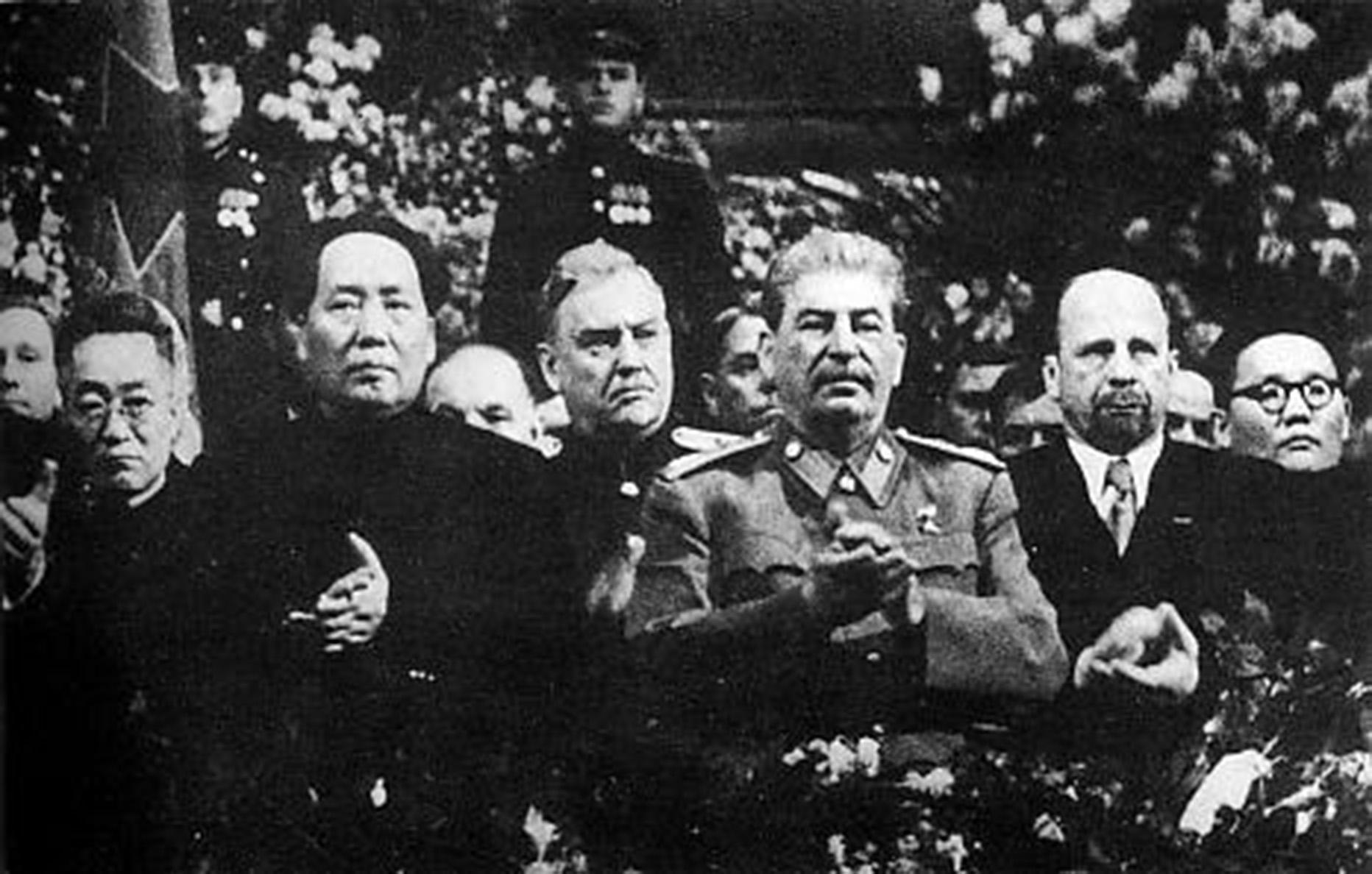 Tsedenbal (far right) at Soviet leader Joseph Stalin’s 70th birthday ceremony with Chinese Communist leader Mao Zedong