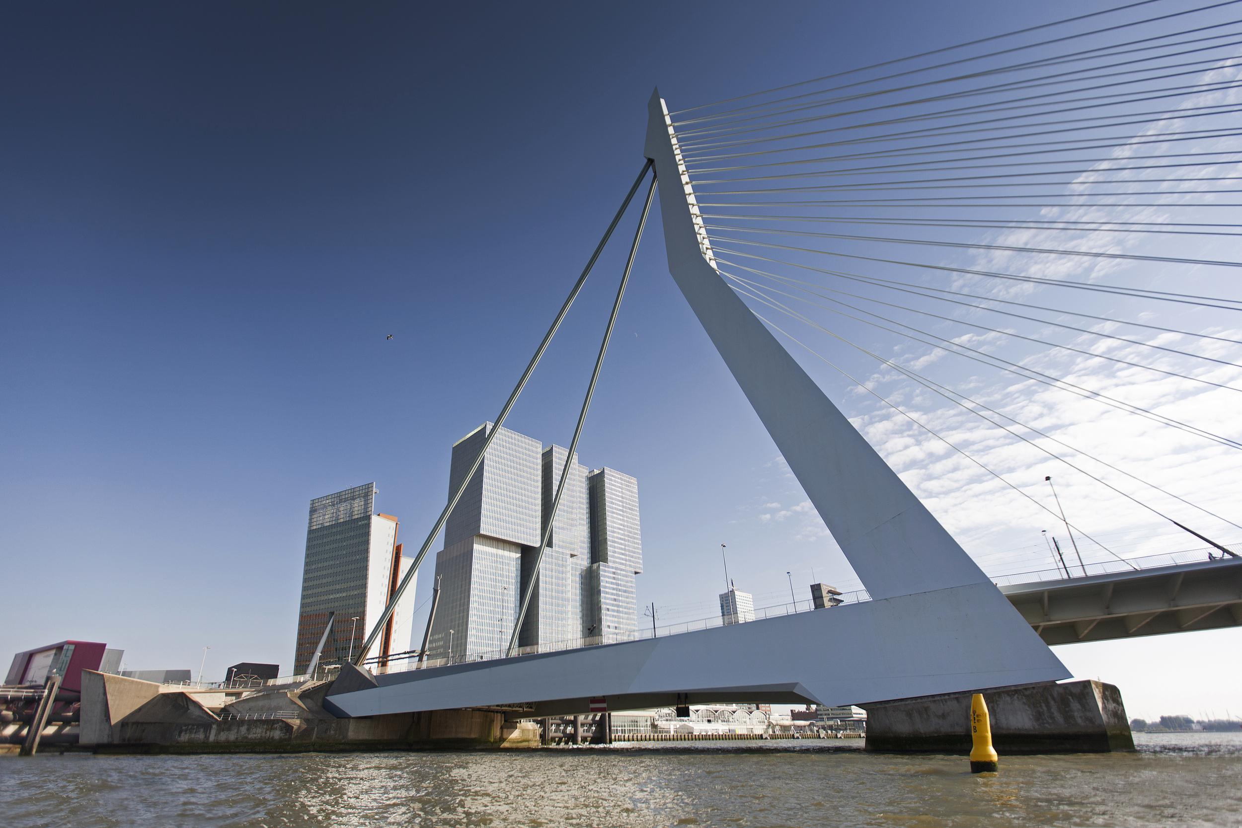 The city's landmark Erasmus Bridge, with the stacked glass towers of the De Rotterdam complex behind